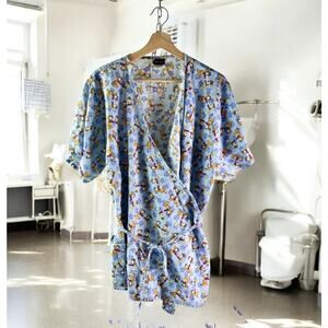 Garfield & Odie Women's XL Seal Blue Cartoon Wrap Scrubs Top Pockets Layering